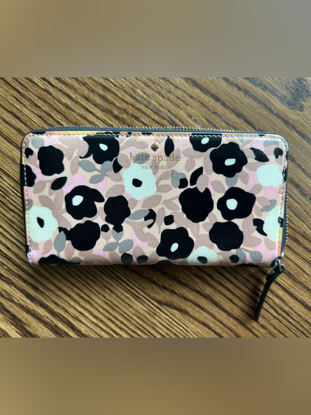 kate spade rose print zip wallet with black interior in coated canvas & leather